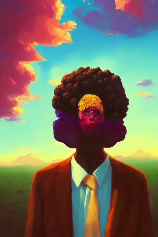 Prompt: portrait, grande flower as head, black woman in suit, surreal photography, golden hour, colorful clouds, impressionist painting, digital painting, artstation, simon stalenhag