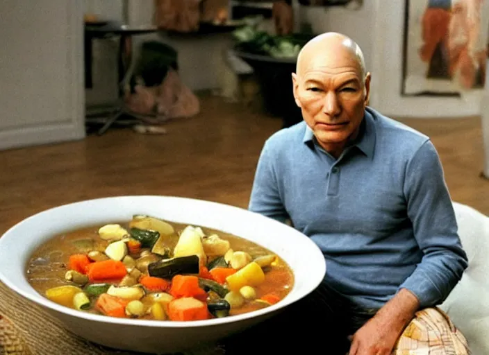 Image similar to patrick stewart sitting in a big bowl of vegetable stew