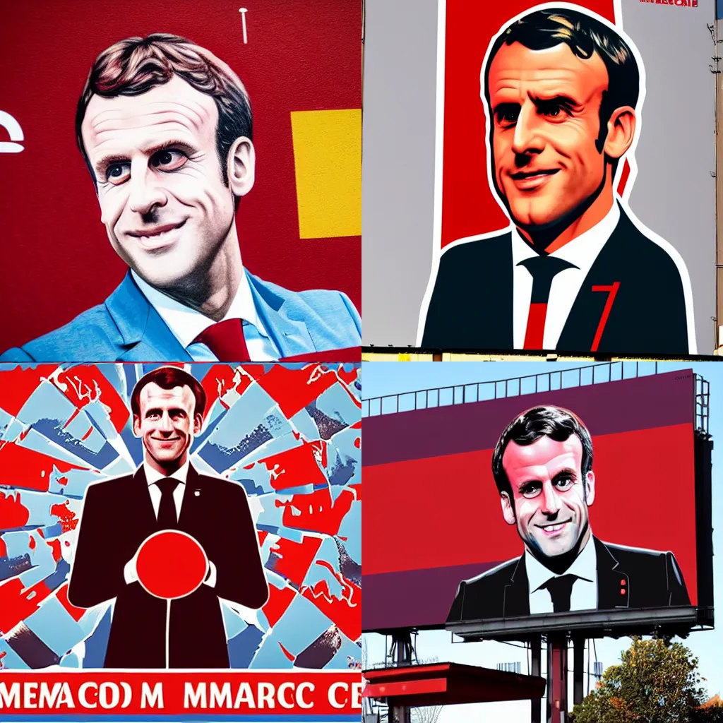 Prompt: close portrait of Emmanuel Macron in soviet propaganda style billboard, red and brown color scheme