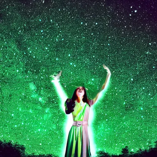 Prompt: Woman with stars for her eyes stars on glowing green background of the night sky