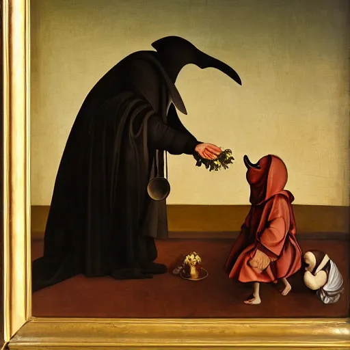 Image similar to a plague doctor giving a flower to a sick child, renaissance painting, golden ratio, morning light, 8k