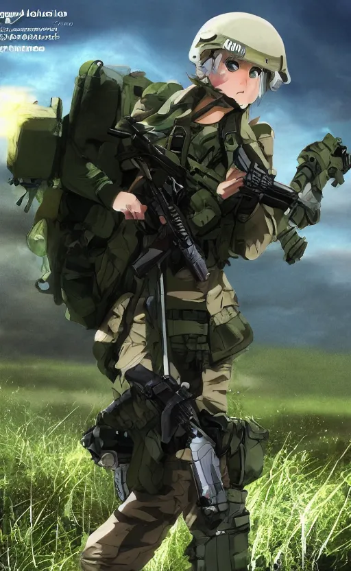 Prompt: girl, trading card front, future soldier clothing, future combat gear, realistic anatomy, concept art, professional, by gainax anime studio, green screen, volumetric lights, stunning, military camp in the background, the wings of honnêamise