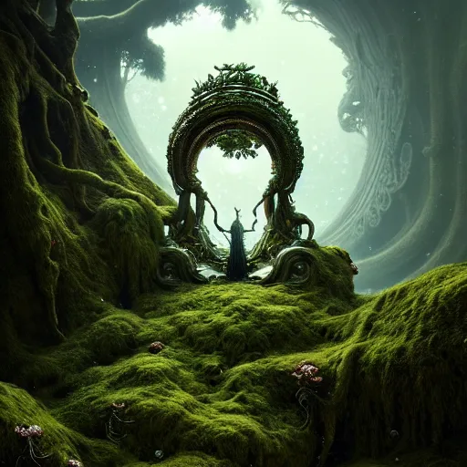 Image similar to ancient fallen god, lush trunda vegetation, snow :: by Michal Karcz, Daniel Merriam, Victo Ngai and Guillermo del toro :: ornate, dynamic, particulate, intricate, elegant, highly detailed, centered, artstation, smooth, sharp focus, octane render, 3d