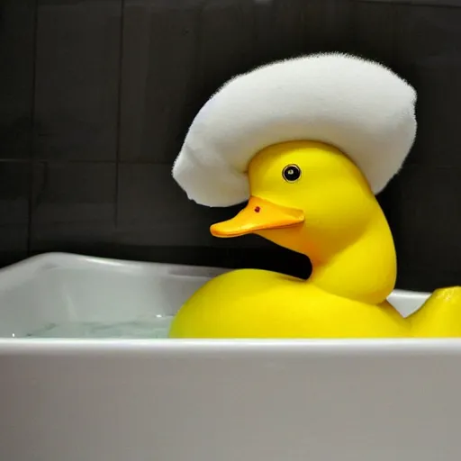 Prompt: emperor of the russian empire nikolay 2 lies in a bath with foam. there is a yellow duck in the bathroom.