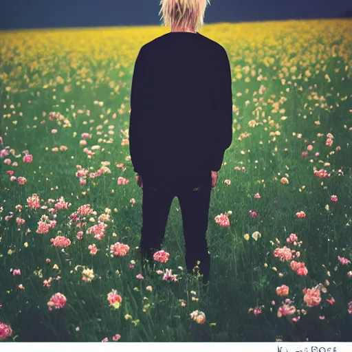 Image similar to kodak portra 4 0 0 photograph of a skinny blonde goth guy standing far back in a field of flowers, back view, flower crown, moody lighting, telephoto, 9 0 s vibe, blurry background, vaporwave colors, faded!,