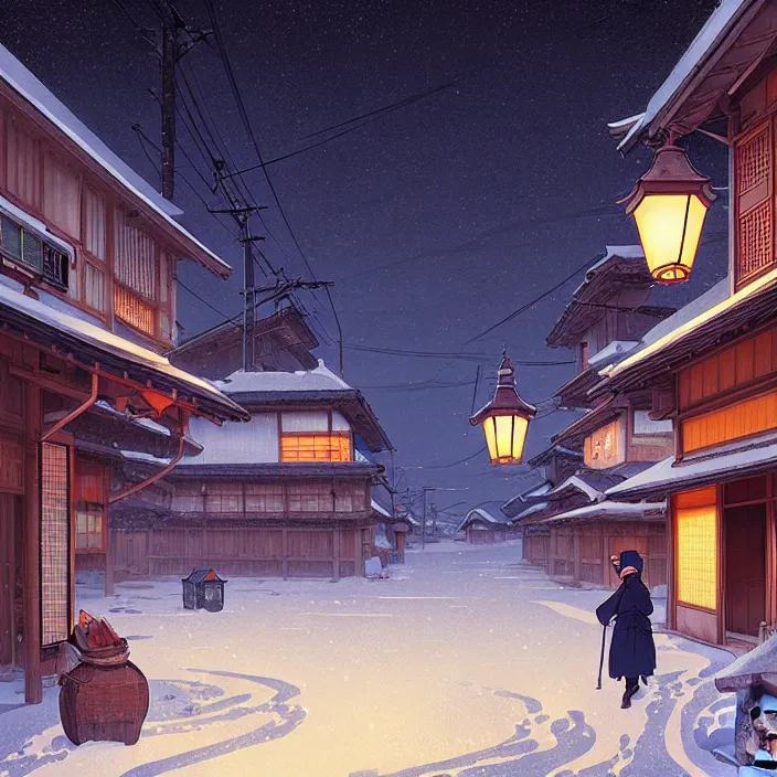 Image similar to empty rural japanese town at night, winter, in the style of studio ghibli, j. c. leyendecker, greg rutkowski, artem