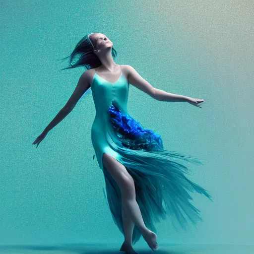 Prompt: woman dancing underwater wearing a flowing dress made of blue and green seaweed, rough coral sea bottom, swirling silver fish in the background, octane render, caustics lighting from above, cinematic