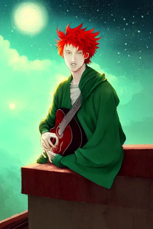 Prompt: dreamy red haired man character with a guitar in his hand, sitting on a roof top at night with many stars, wearing a nice green cloak, very artistic pose, background in blurred, perfect lighting. professional design. great composition, illustration, highly detailed, digital painting, concept art, trending on artstation, by katsuya terada