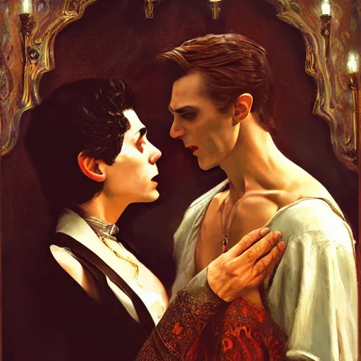 Image similar to attractive male, arthur pendragon confesses his love to attractive male dracula the vampire. highly detailed painting by gaston bussiere, craig mullins, j. c. leyendecker 8 k