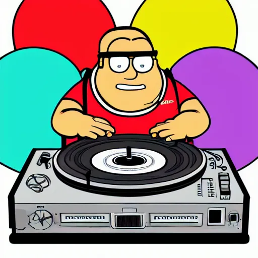 Image similar to svg sticker of a Family-Guy Peter-Griffin at a rave, spinning records, giant headphones rocking out, wearing headphones, huge speakers, dancing, rave, DJ, spinning records, digital art, amazing composition, rule-of-thirds, award-winning, trending on artstation, featured on deviantart