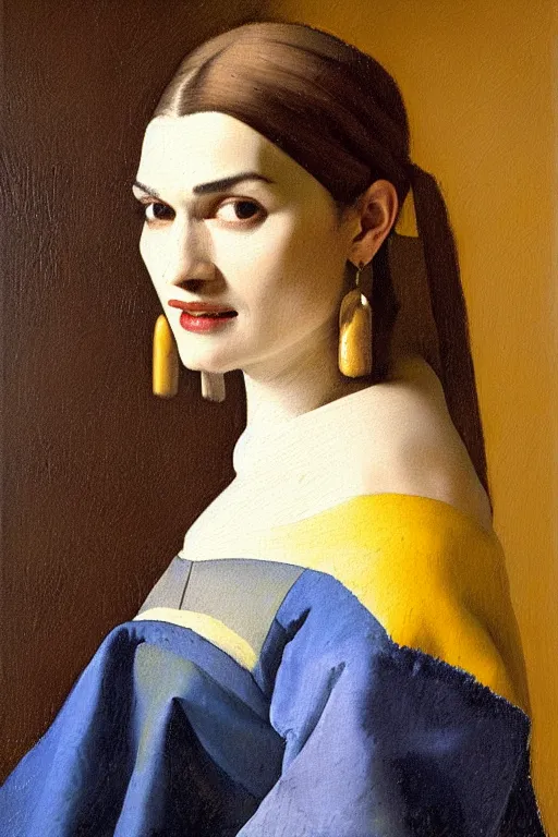 Prompt: johannes vermeer portrait of rachel weisz, beautiful oil portrait painting, wonderful masterpiece highly detailed, smooth, sharp focus, dramatic illumination, ultra realistic