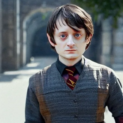 Image similar to a man looking like elijah wood and tobey maguire, starring as harry potter in the next movie of the franchise, highly detailed, high quality