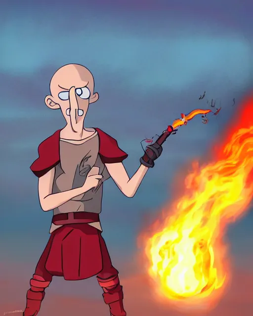 Prompt: photograph, squidward wearing fire nation clothing and practicing firebending outside at susnset