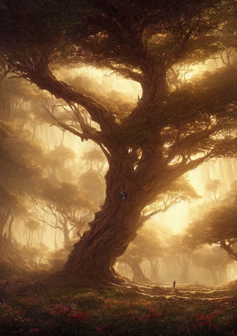 Image similar to beautiful hyper realistic detailed matte painting of fantasy tree of life, hd, hdr, by Moebius and John Howe and Albert Bierstadt and Alena Aenami, ultra detailed, high resolution