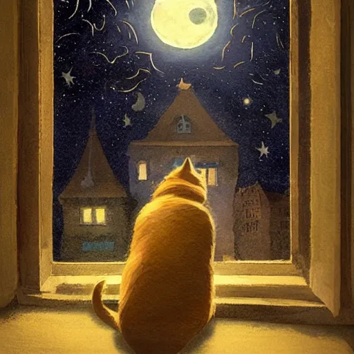Prompt: A boy with his cat sitting in a window praying at the moon, concept art by Marc Simonetti and illustration by Maurice Sendak, Starry Night, depth of field, full moon halo, epic brushwork, painterly, cobbled streets, oil lamp posts, A boy with his cat sitting in a window praying at the moon, A boy with his cat sitting in a window praying at the moon