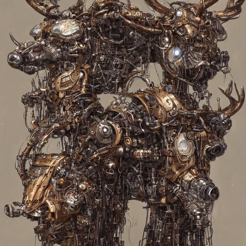 Image similar to Portrait of a humanoid cybernetic steampunk deer, 4k oil on linen andrei riabovitchev, nuri iyem, james gurney, james jean, greg rutkowski, highly detailed
