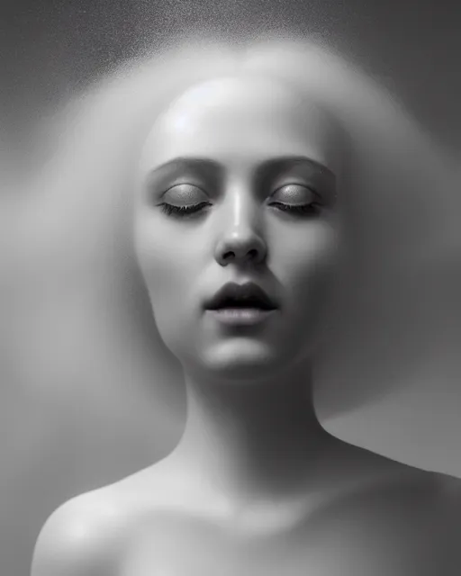 Image similar to soft, dreamy, subsurface scattering, white, young beautiful goddess in cosmos with very long white hair floating in air, fluid smoke art, black and white, octane render, dino valls, mark ryden, joe fenton, michal karcz, highly detailed, rim light, art, cinematic lighting, very coherent, hyper realism, 8 k