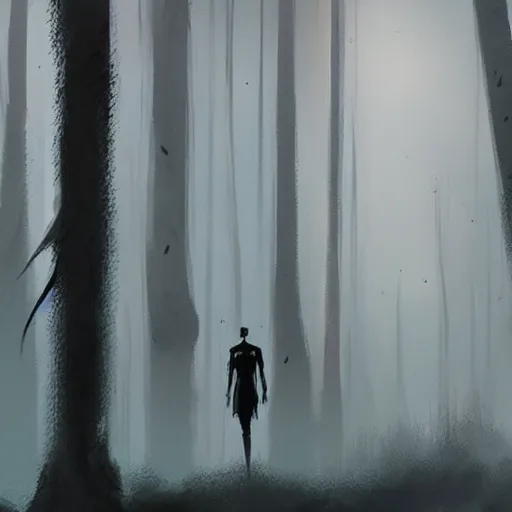 Image similar to concept art by greg rutkowski, a very tall and slender young man walking with a very tall and slender woman through a forest of giant trees, dark atmosphere, surrounded by fireflies, detailed portraits, disturbing atmosphere, scifi, digital painting, artstation, concept art, smooth, sharp foccus ilustration, artstation hq