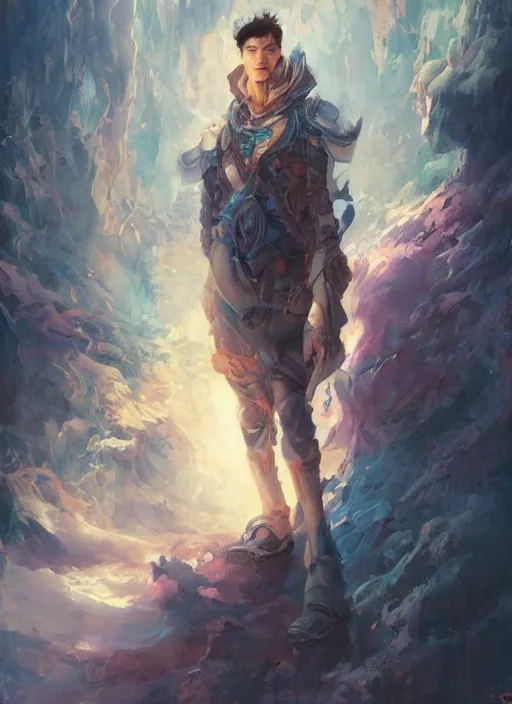 Image similar to a portrait of a male character in a scenic environment by Ross Tran and by Jesper Ejsing and by Mikalojus Konstantinas Ciurlionis