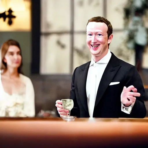 Image similar to mark zuckerburg as the waiter in elon musk's wedding, realistic, cinematic, 4k,