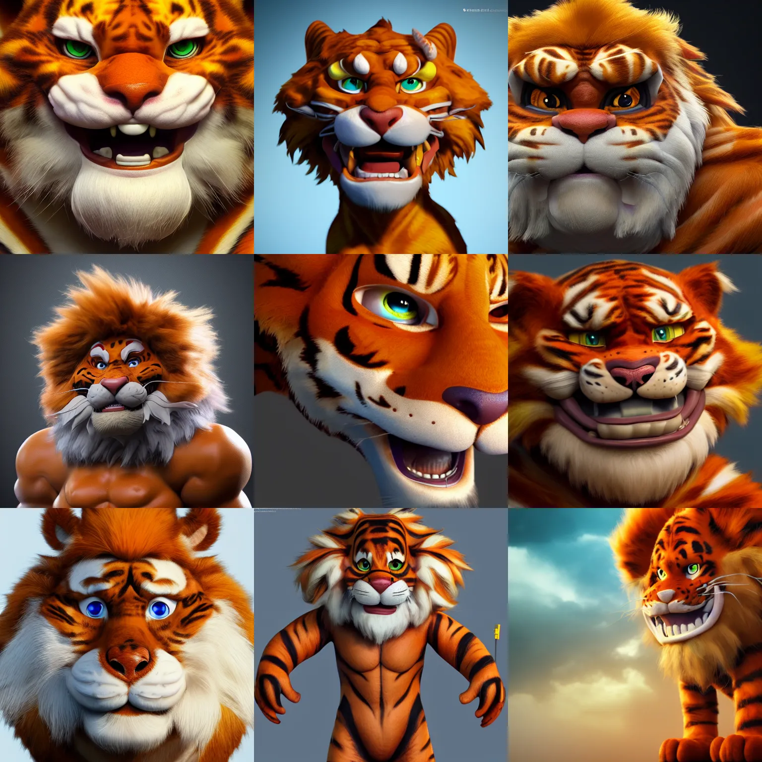 Prompt: hyper realistic character portrait of snarf from thundercats, ultra realistic, hyper realism, 3 d character model, substance painter, painted texture maps, tony the tiger, smooth, concept art, octane render, 8 k