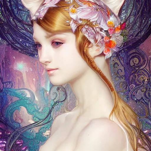 Image similar to a photograpic portrait of a anthropomorphic kitten wearing white clothes, iridescent colors, fantasy, intricate, elegant, highly detailed, digital painting, artstation, concept art, smooth, sharp focus, illustration, art by artgerm and H R Giger and alphonse mucha