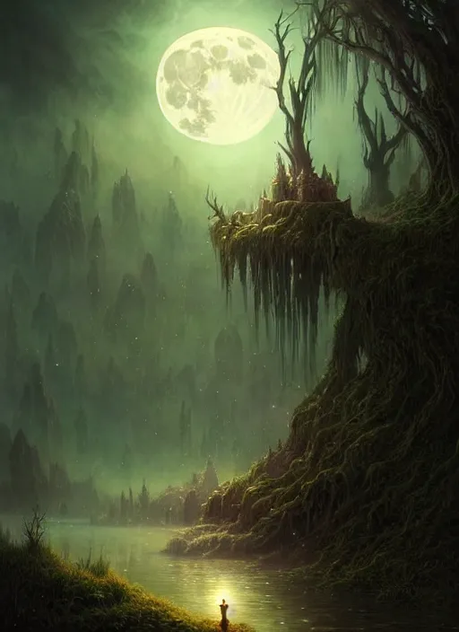 Image similar to fantasy book cover, full moon, fantasy bayou landscape, iridescent elements, fantasy magic, no human, dark light night, intricate, elegant, sharp focus, illustration, highly detailed, digital painting, concept art, matte, art by WLOP and Artgerm and Greg Rutkowski and Albert Bierstadt, masterpiece