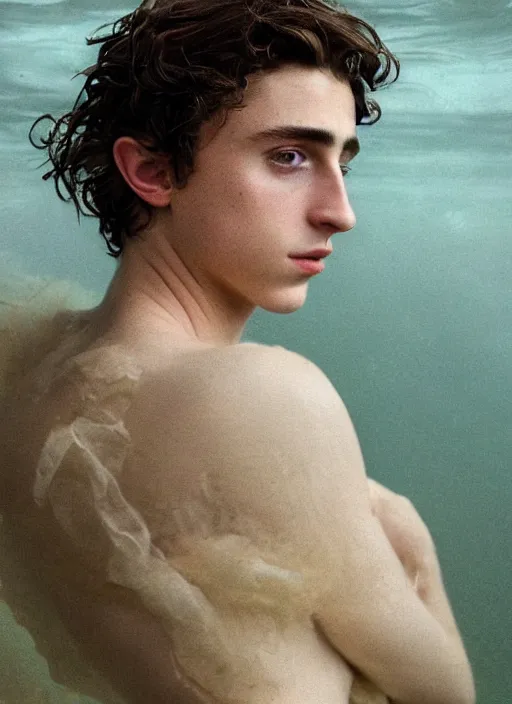 Image similar to Kodak Portra 400, 8K,ARTSTATION, Caroline Gariba, soft light, volumetric lighting, highly detailed, britt marling style 3/4 , extreme Close-up portrait photography of a Timothee Chalamet how pre-Raphaelites with his eyes closed,inspired by Ophelia paint, his face is under water Pamukkale, underwater face, hair are intricate with highly detailed realistic , Realistic, Refined, Highly Detailed, interstellar outdoor soft pastel lighting colors scheme, outdoor fine photography, Hyper realistic, photo realistic