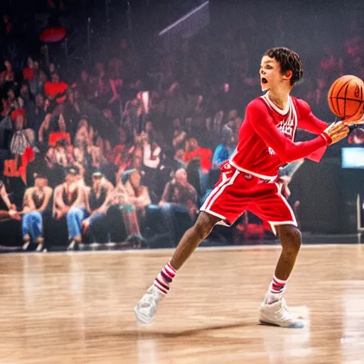 Image similar to will from stranger things playing basketball and making a shot in an nba stadium , close up shot, wide angle, lens flares