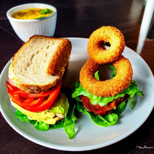 Image similar to sandwich with fried tofu, one red tomato slice, mayonnaise, one fried onion ring, smashed avocado, melted cheddar, in a red dish, background with saturn and stars in the sky