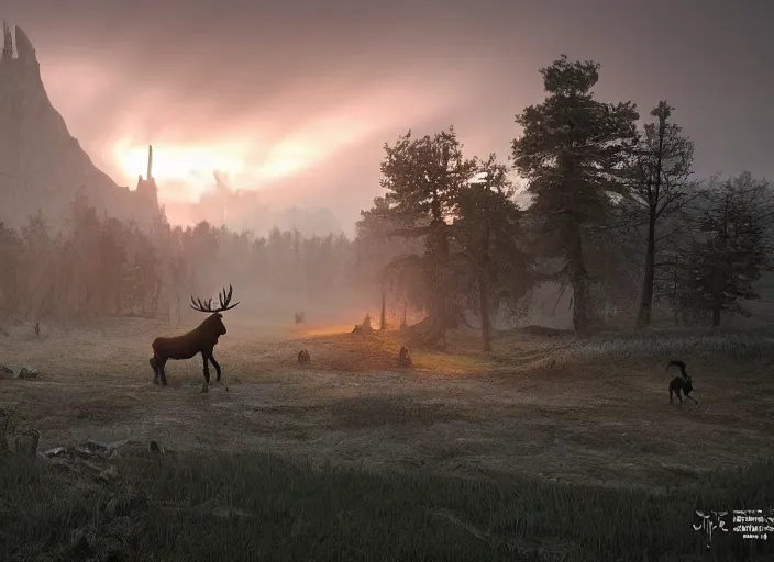 Image similar to a viking riding a moose walks through the ruins of a viking village, horror, dramatic lighting, dawn, by caspar david friedrich, unreal engine 5