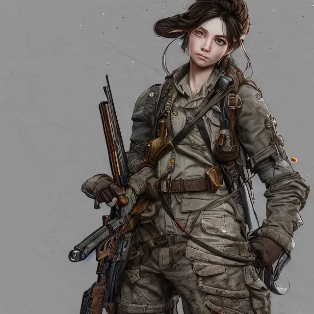 Image similar to the portrait of lawful neutral semi - colorful female infantry sniper as absurdly beautiful, gorgeous, elegant, young woman looking up, an ultrafine hyperdetailed illustration by kim jung gi, irakli nadar, intricate linework, bright colors, octopath traveler, final fantasy, unreal engine 5 highly rendered, global illumination, radiant light, detailed and intricate environment