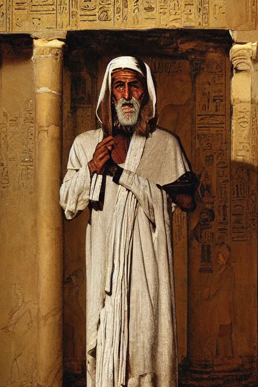 Image similar to a closer personal portrait of a a very old egyptian temple priest with very piercing eyes, very charismatic. in the old ancient temple of luxor. masterpiece, dark. painted by norman rockwell and james gurney