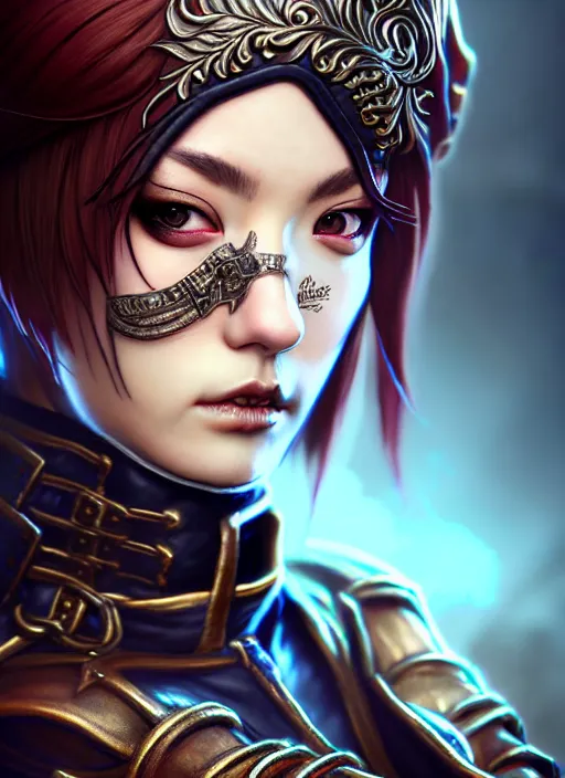 Image similar to rogue, fantasy ornate leather bandit outfit!!! close - up portrait beautiful and athletic short hair female!! gorgeous face and eyes!! character concept art, sharp focus, octane render! unreal engine 5! highly rendered!! trending on artstation!! detailed linework!! illustration by artgerm, wlop, and chie yoshii