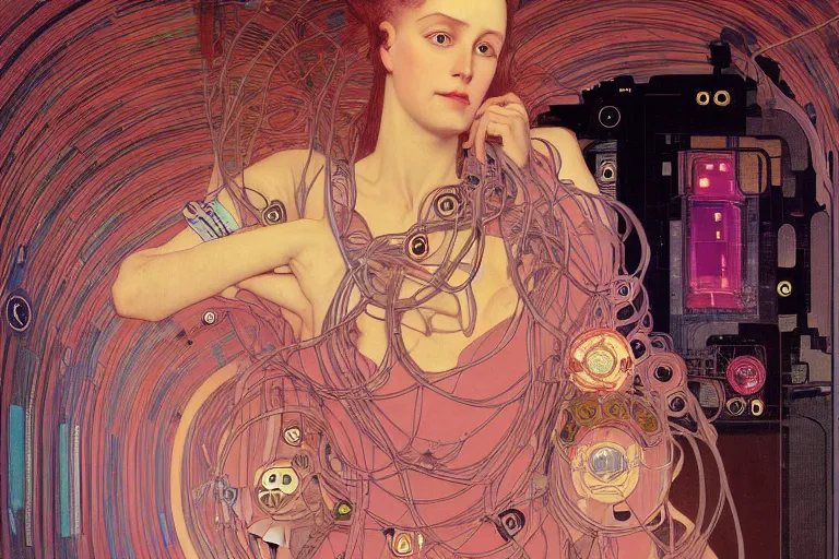 Prompt: symmetric, a dark woman android in a pastel pink dress, in a room full of neural networks and wires and computers, dark sci - fi, ai, 4 k realistic, artem demura. alphonse mucha, gustav klimt.