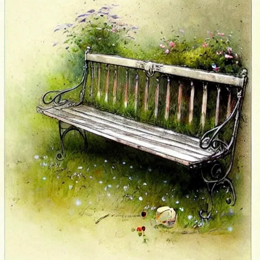 Prompt: ( ( ( ( ( beautiful garden bench. muted colors. ) ) ) ) ) by jean - baptiste monge!!!!!!!!!!!!!!!!!!!!!!!!!!!