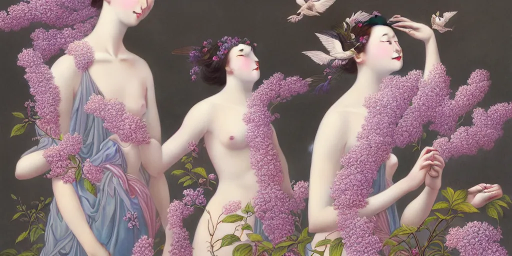 Prompt: reathtaking detailed concept art painting blend of two goddess of lilac flowers by hsiao ron cheng, vintage illustration pattern with bizarre compositions blend of flowers and plants and birds by beto val and john james audubon, exquisite detail, extremely moody lighting, 8 k