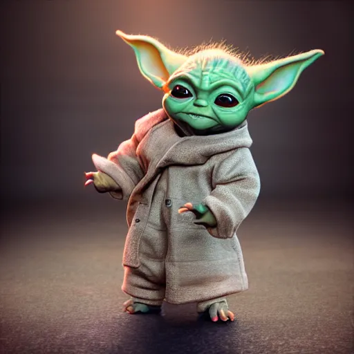 Prompt: full body pose, hyperrealistic photograph of baby yoda dressed as a pimp, dim volumetric lighting, 8 k, octane beautifully detailed render, extremely hyper detailed, intricate, epic composition, cinematic lighting, masterpiece, trending on artstation, very very detailed, stunning, hdr, smooth, sharp focus, high resolution, award, winning photo, dslr, 5 0 mm