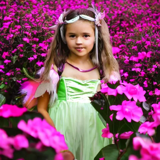 Prompt: a young girl dressed up as fairy in front of some pink flowers