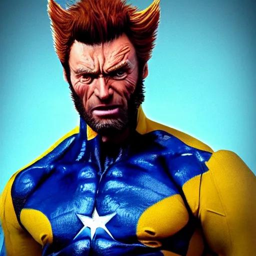 Image similar to clint eastwood as wolverine in blue and yellow costume, octane render, beautiful composition, trending on artstation, award - winning photograph, masterpiece