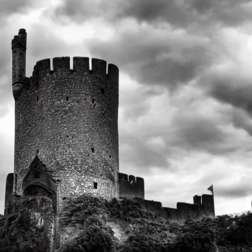 Prompt: try looming castle under a cloudy sky where nary a ray escapes the god's frown