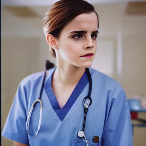 Image similar to emma watson, nurse scrubs, hospital, portrait, mid view head and shoulders, award winning, kodak ektachrome expired blue tint,