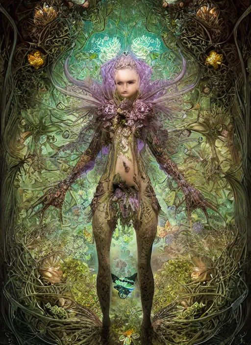 Prompt: a pixie in a 3 d bioluminescent radically alive world of fungal fractals and butterflies, intricate mycelial lace, fractalpunk, rococo, ultra detailed, intricate details, ornate, hyperrealistic, octane render, inspired by ross tran & brian froud & james jean & android jones & william morris & ernst haeckel & alphonse mucha