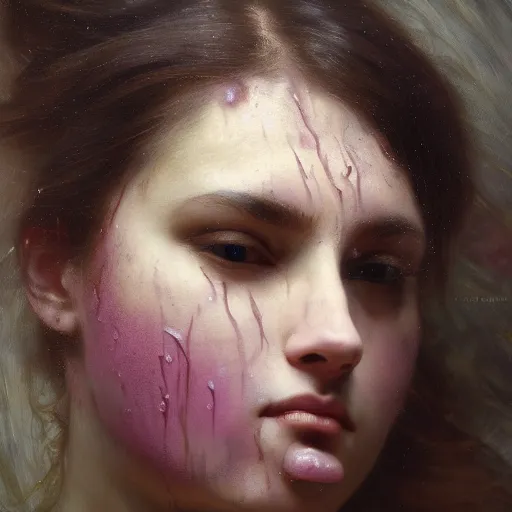 Prompt: hyperrealistic oil painting of woman, oil paint drips, dim volumetric lighting, 8 k octane beautifully detailed render, post - processing, portrait, extremely hyper - detailed, intricate, epic composition, cinematic lighting, masterpiece, by william - adolphe bouguereau and alphonse mucha, trending on artstation, very very detailed, masterpiece, stunning,