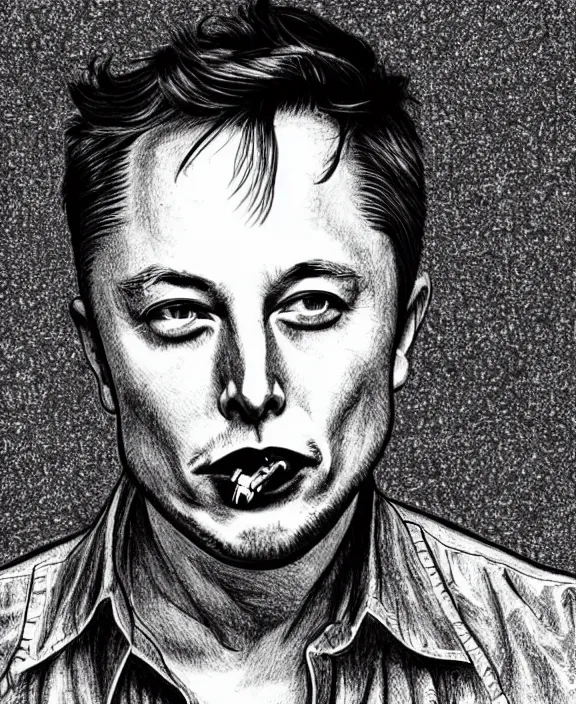 Prompt: a detailed fineliner drawing of elon musk smoking a joint
