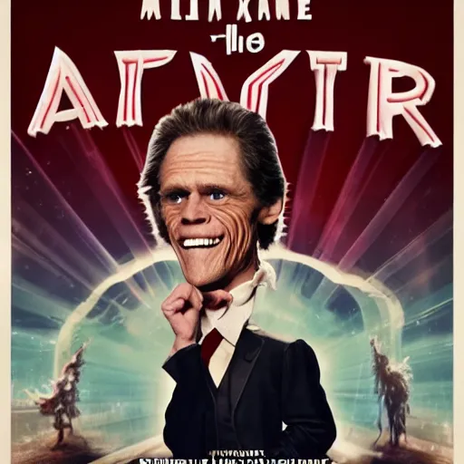 Image similar to movie poster of william dafoe as an anthropomorphic singing rat