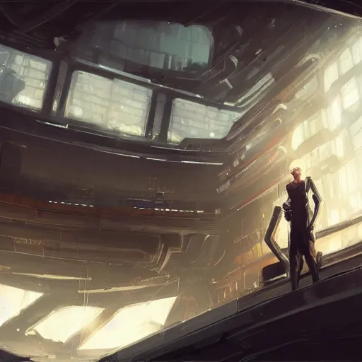 Image similar to concept art by greg rutkowski, a very tall, and slender woman with blonde hair, sitting with the crew in the ship's flight deck, brutalist futuristic interior, dark lighting atmosphere, detailed portraits, nostalgic atmosphere, scifi, digital painting, artstation, concept art, smooth, sharp foccus ilustration, artstation hq