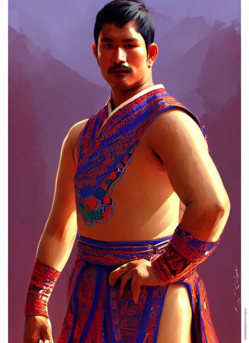 Image similar to a khuresh male wrestler!!!, tuvan national clothes!!, tuva, portrait, intricate, elegant, highly detailed, digital painting, artstation, concept art, wallpaper, smooth, sharp focus, illustration, art by artgerm and greg rutkowski and alphonse mucha