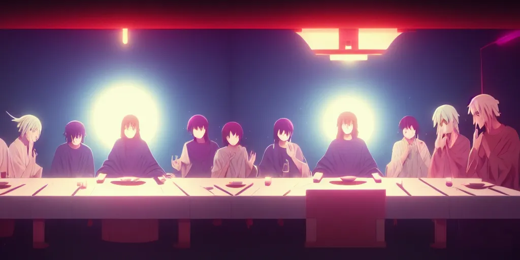 Prompt: anime last supper by beeple and greg rutkowski, digital painting, trending on artstation, sharp focus, 4 k