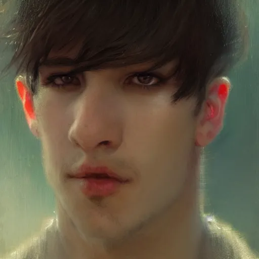 Image similar to A handsome, cute emo guy, close-up portrait illustrated by Gaston Bussiere and Greg Rutkowski, trending on artstation, artstationHD, artstationHQ, artstation digital artwork, photorealistic imagery, photorealistic facial features, intricate, 4k, 8k